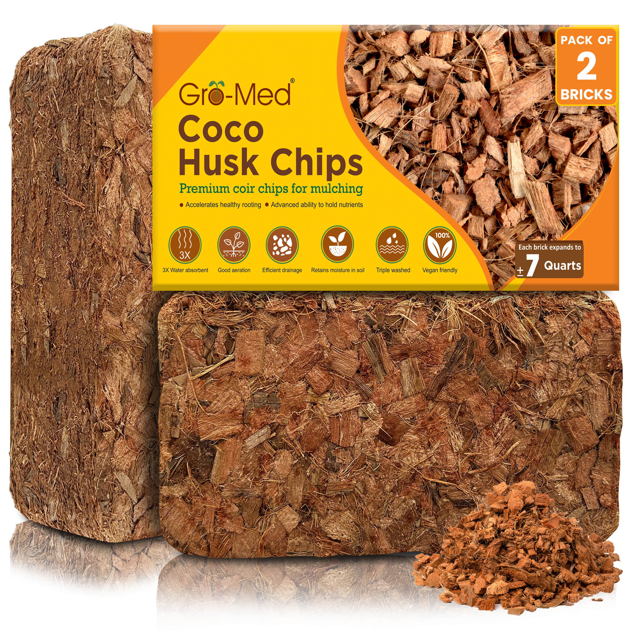 Coco Husk Chips Brick Pack of 2 (2x1.1 lb) Expands Upto 14 Quarts