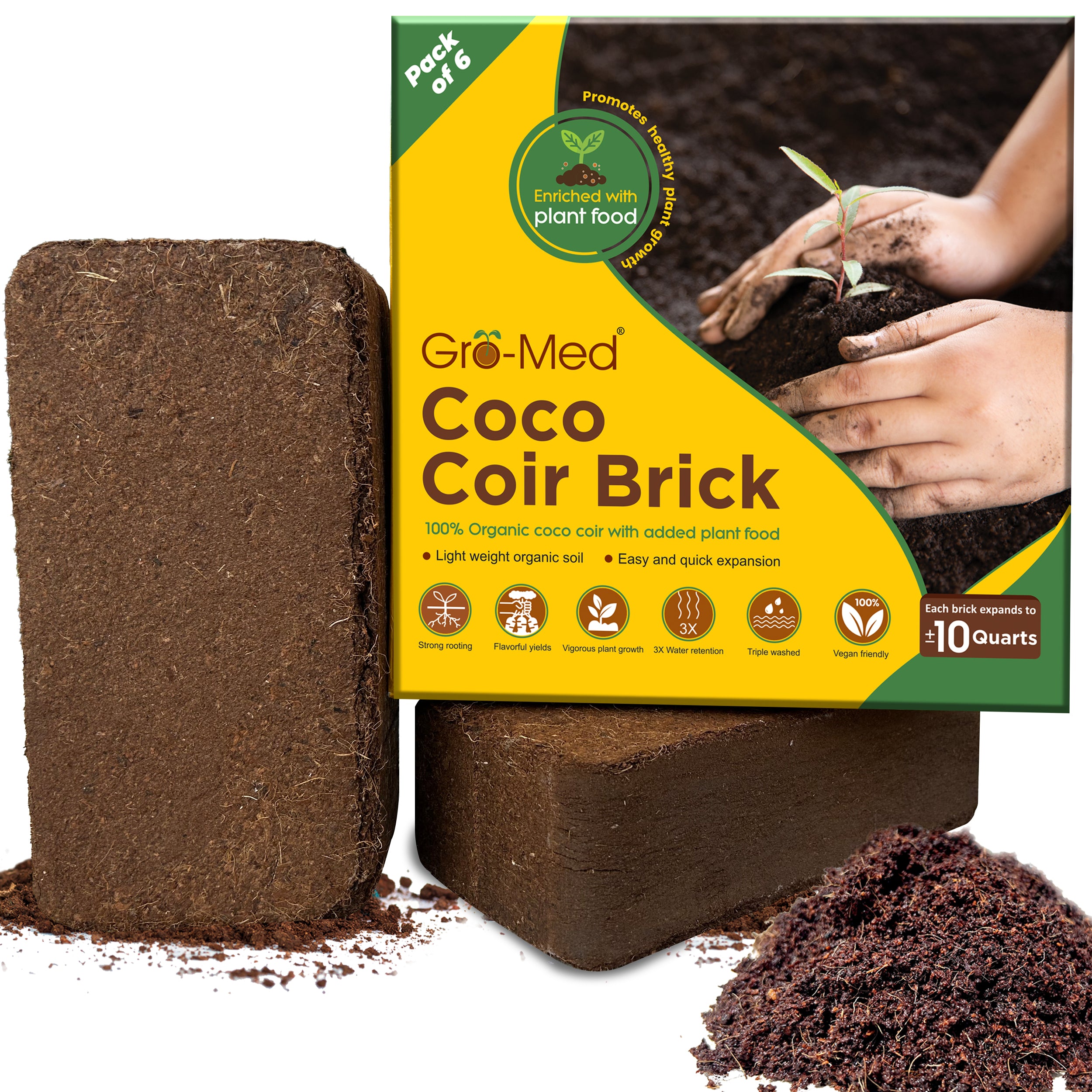 Coco Coir Brick Enriched with Plant Food Pack of 6 Expands to 60 Quarts