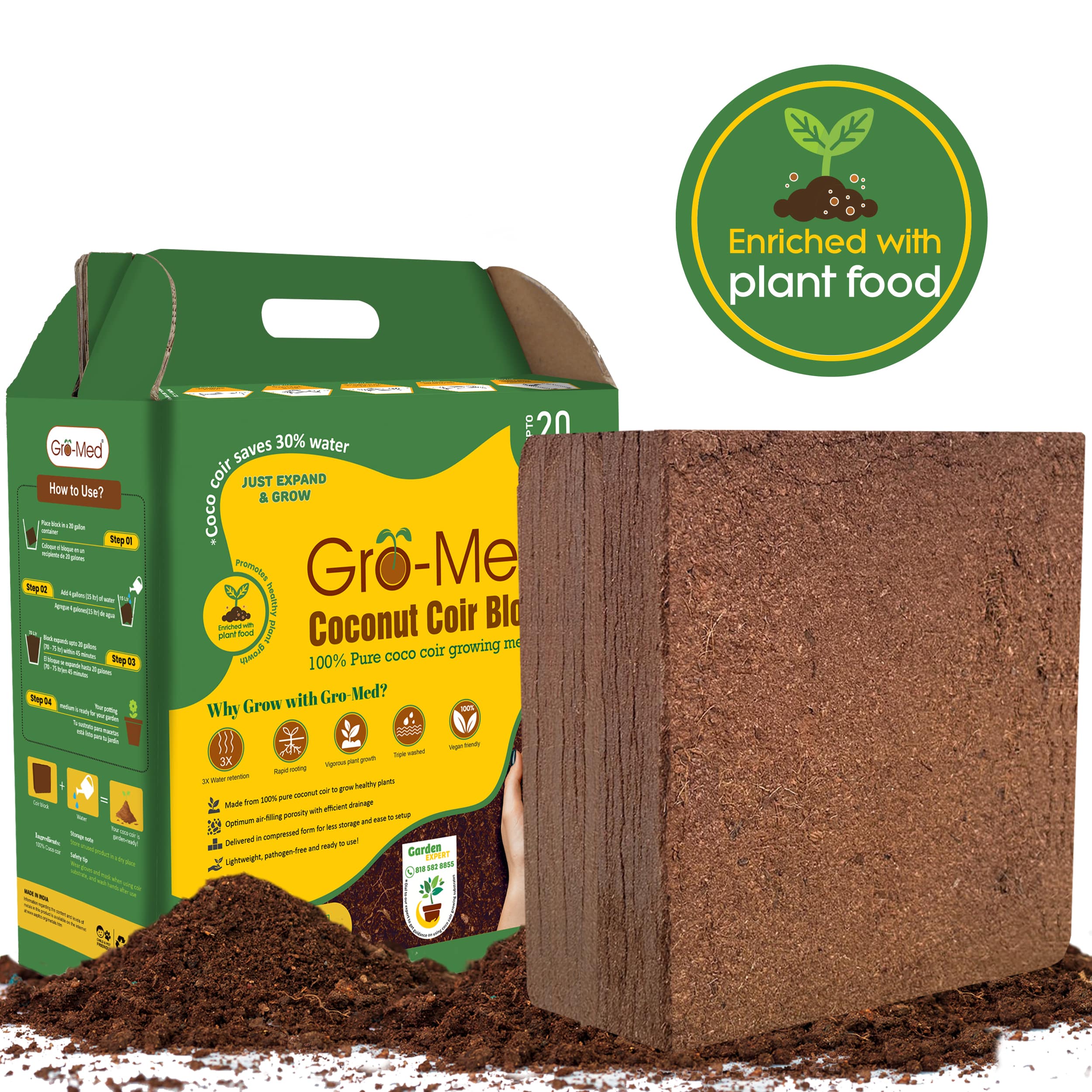 Coconut Coir Block Enriched with plant food 10 lb - Expands Upto 20 Gallons