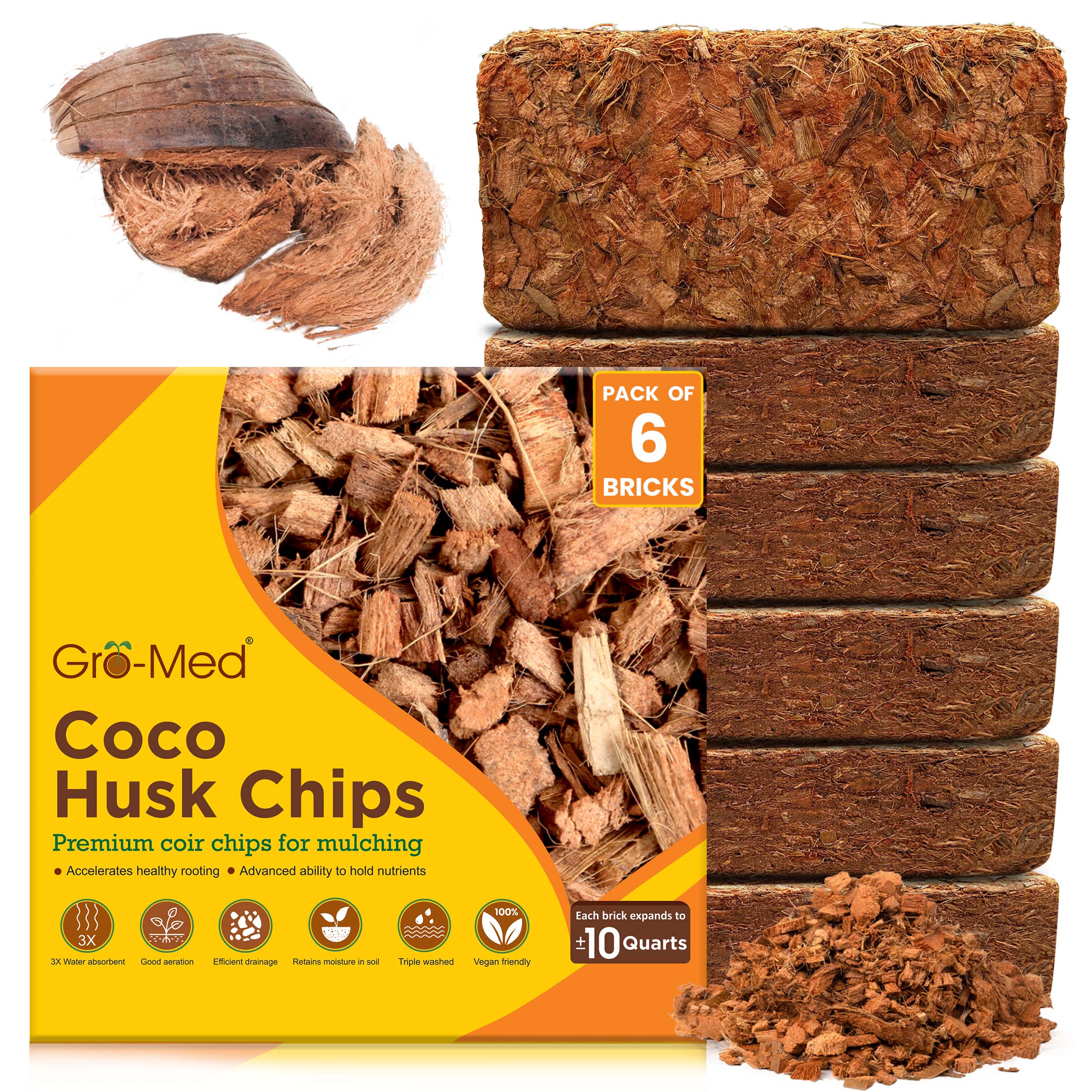 Coco Husk Chips Brick Pack of 6 (6X1.1 lb) Expands Upto 42 Quarts